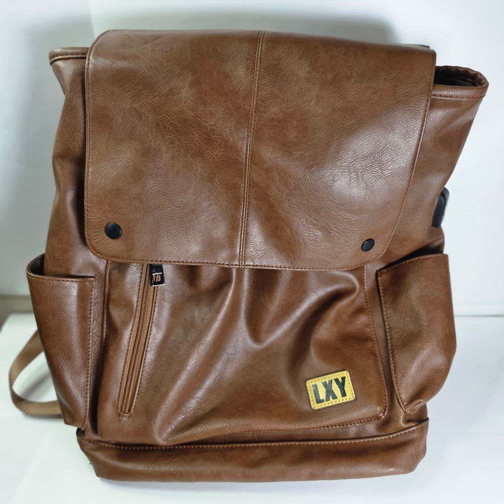 LXY Vegan Leather Backpack Vintage Laptop Bag Brown School Travel USB Port